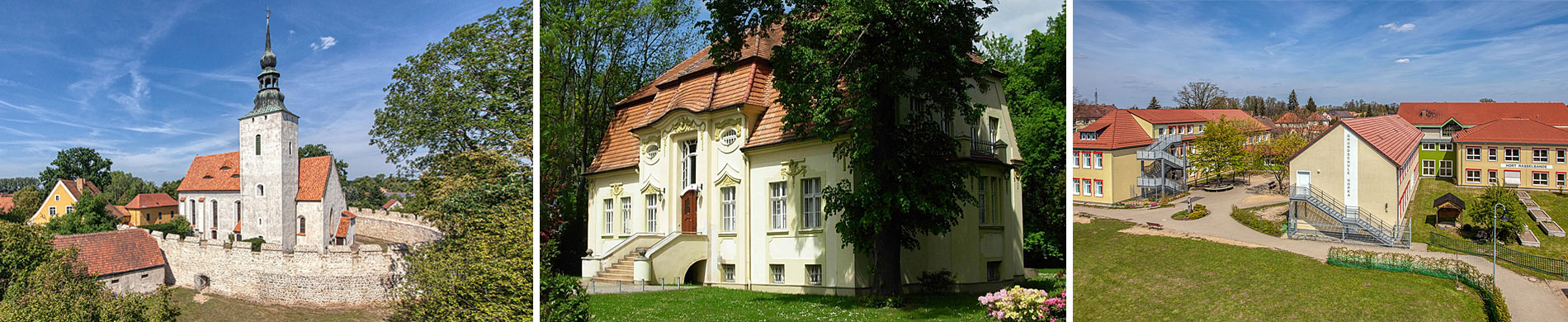 Wehranlage Horka mit Kirche, Gemeindeamt Horka, Luftbild der Grundschule Horka